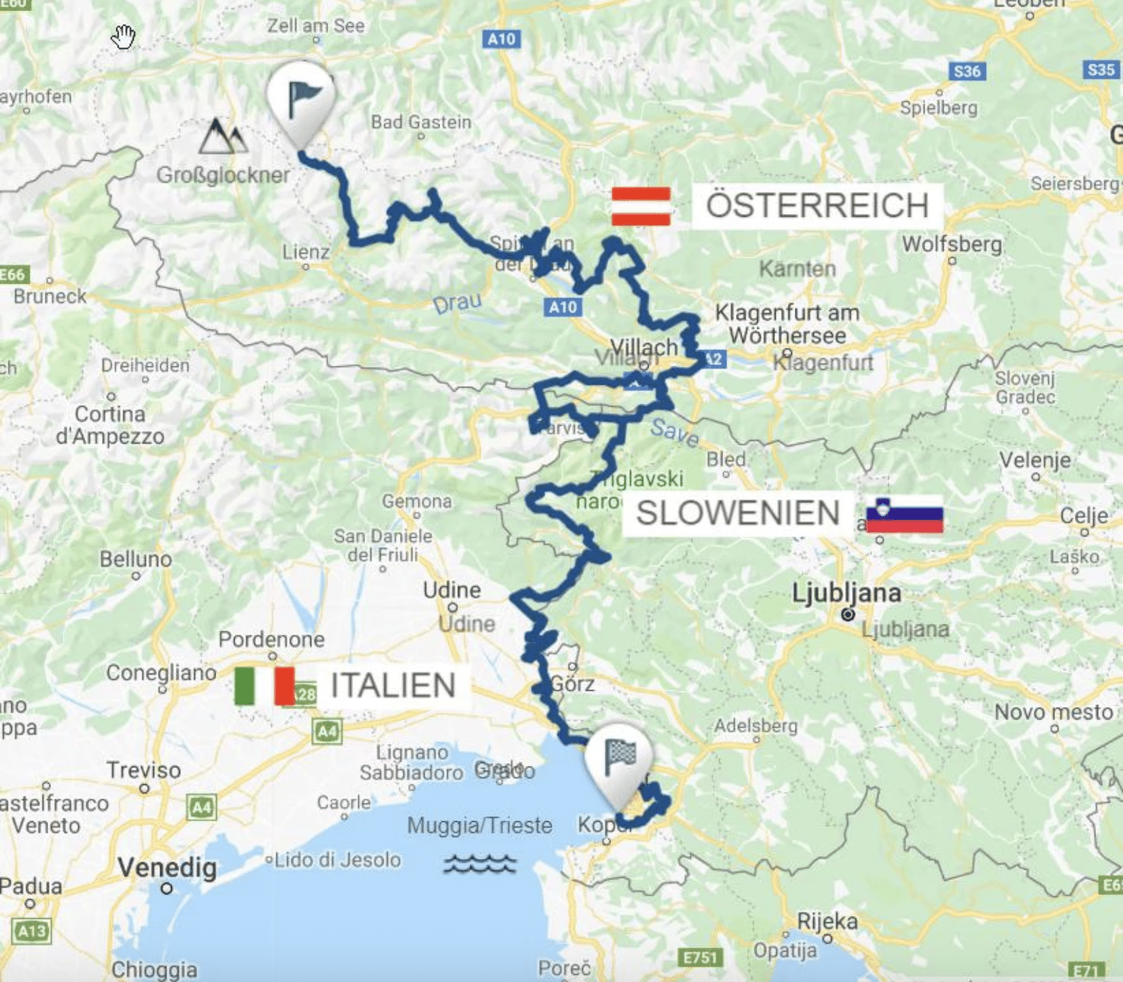 Alpe Adria Trail Entfernung Karte