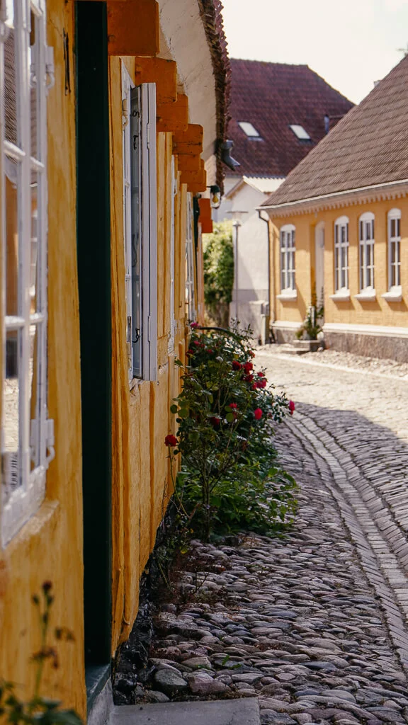 Farbenfrohe Gasse in der Altstadt von Mariager in Himmerland, Dänemark
