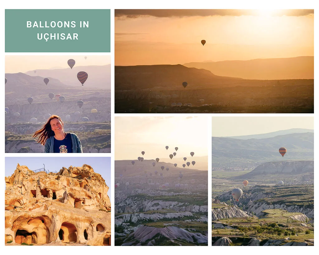 Hei&szlig;luftballons beim Sonnenaufgang in Uchisar in Kappadokien