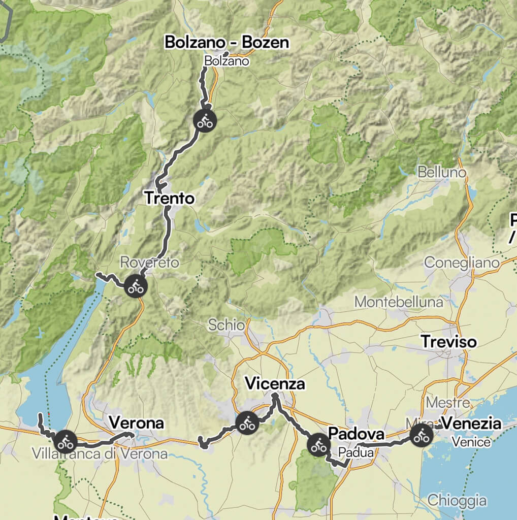Komoot-Karte unsere Radreise mit Eurobike von Bozen nach Venedig