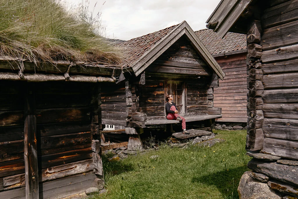 Couchflucht sitzt an altem Holzhaus im Freilichtmuseum Otternes Bygdetun beim Norwegen Roadtrip